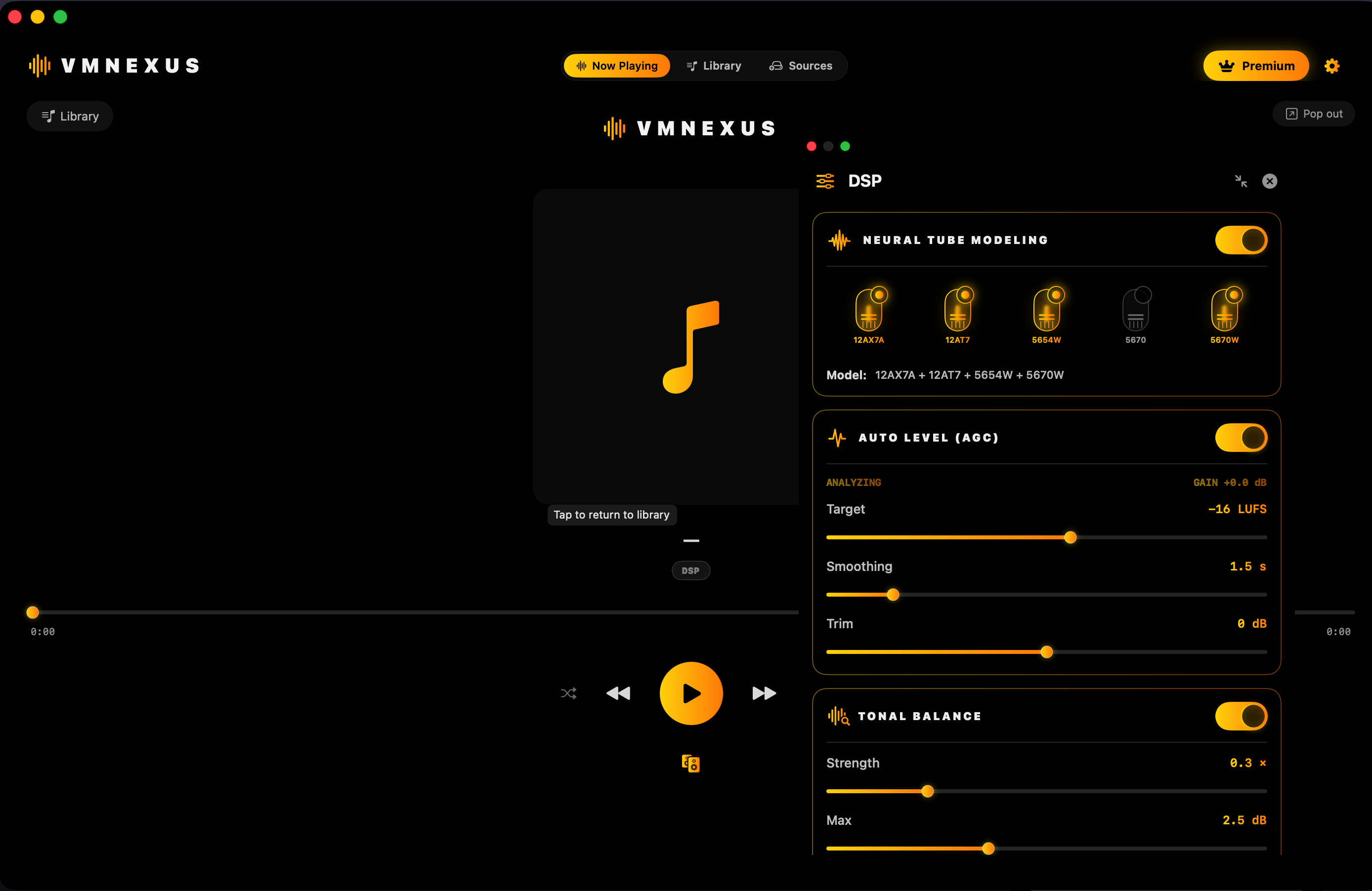 VMNexus Audio on Mac with Neural Tube Modeling enabled and four tube profiles selected in the DSP panel
